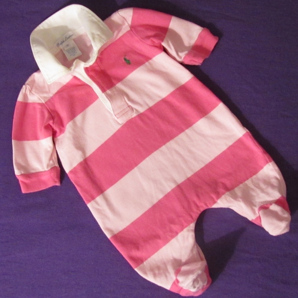 Ralph Lauren Footie Pink Rugby Striped 3M